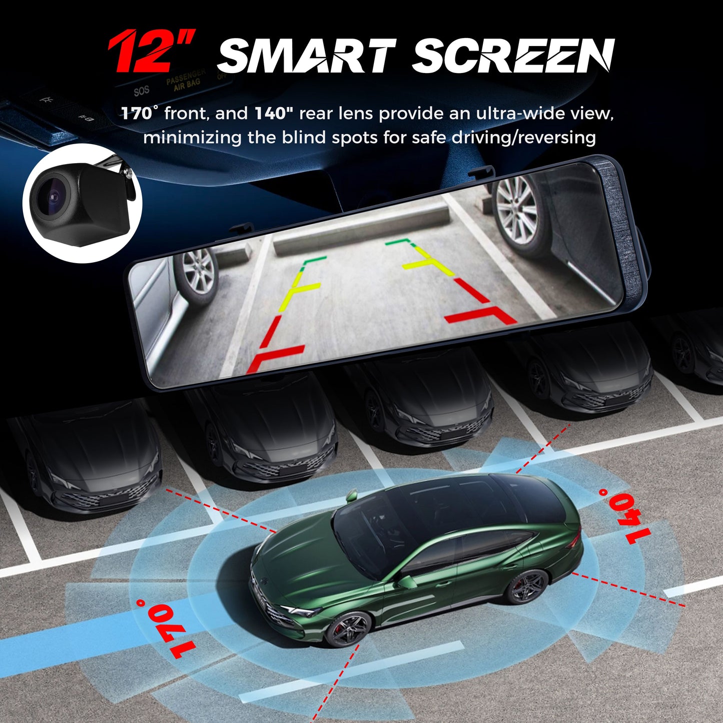 DigiByt 12" 4K Mirror Dash Cam Front and Rear, Rearview Mirror Backup Camera with 128GB Card, GPS, Wi-Fi, Night Vision, G-Sensor, Parking Assistance – Back Up Camera for Cars - New Upgraded Model