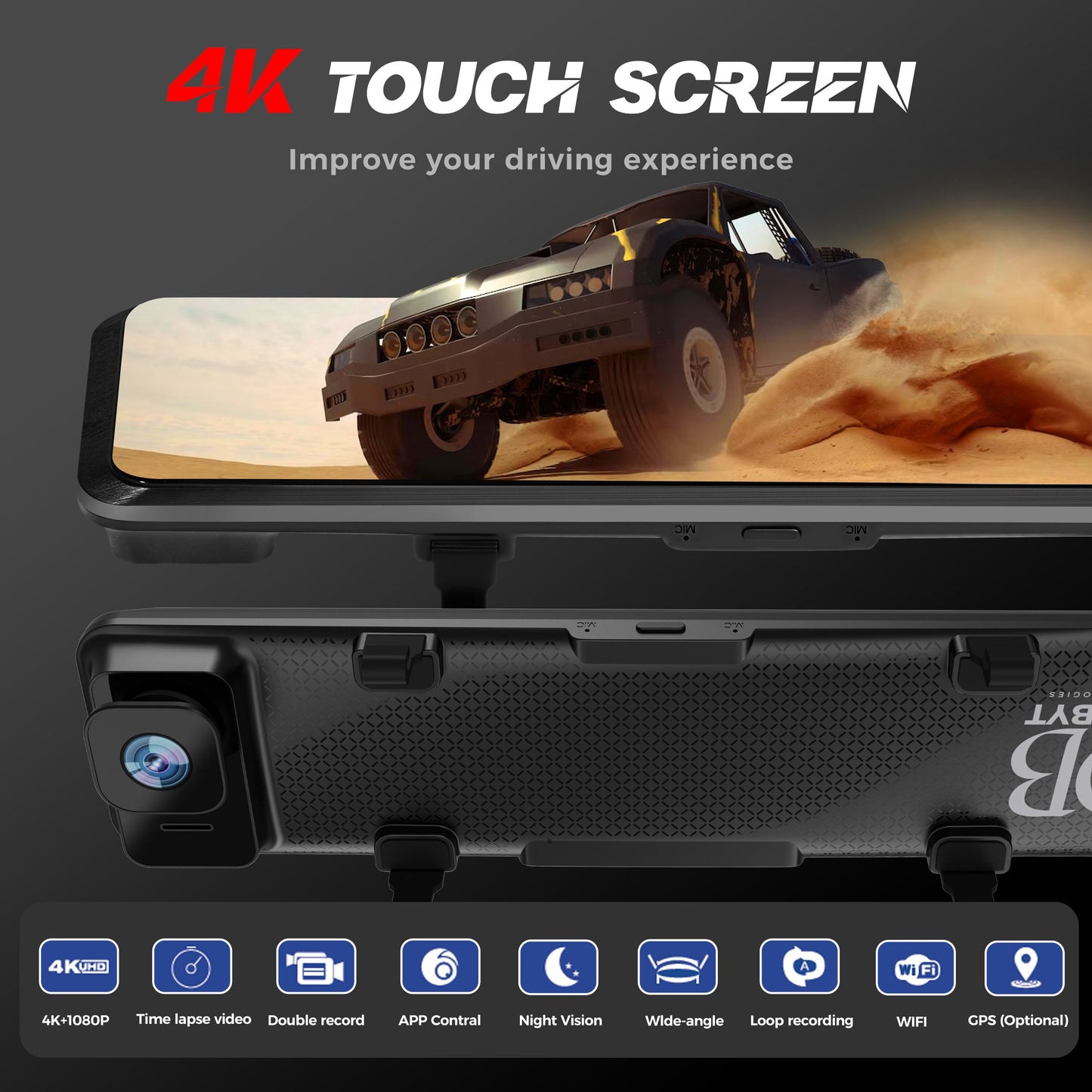 DigiByt 12" 4K Mirror Dash Cam Front and Rear, Rearview Mirror Backup Camera with 128GB Card, GPS, Wi-Fi, Night Vision, G-Sensor, Parking Assistance – Back Up Camera for Cars - New Upgraded Model